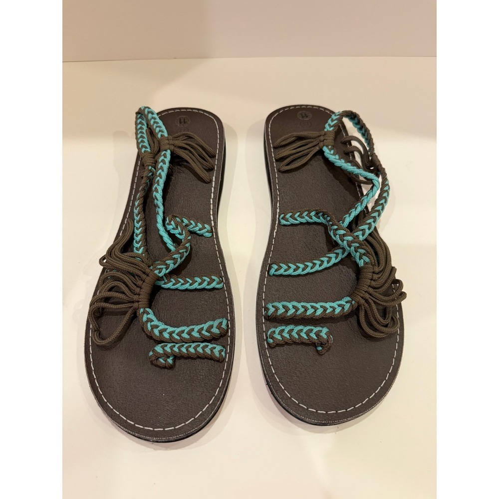 Womens Brown Teal Rope Strappy Flat Sandals‎ Size 11